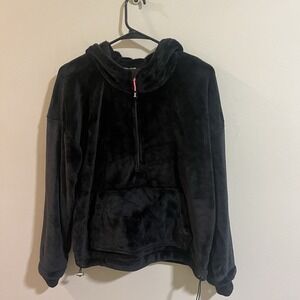 Juicy Couture Sport Half Zip Black Sherpa Hoodie Thumb Holes Size Large